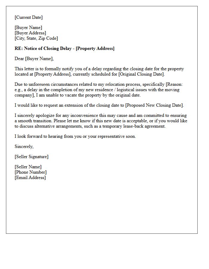 Seller Relocation Closing Delay Notification Letter
