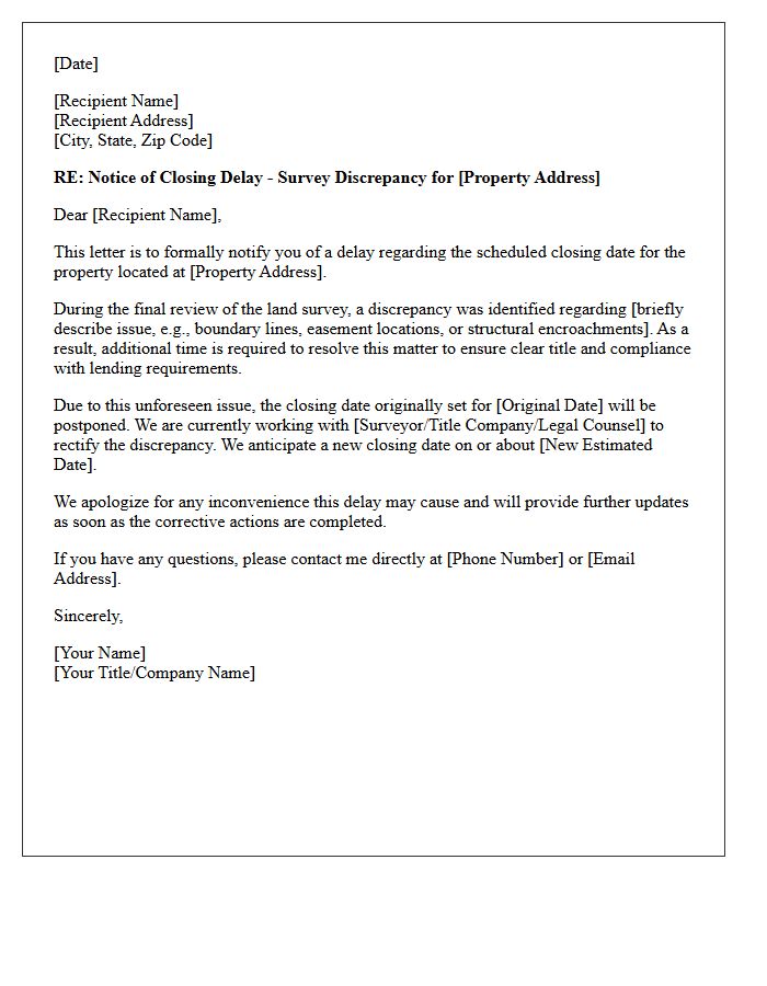 Survey Discrepancy Closing Delay Notification Letter