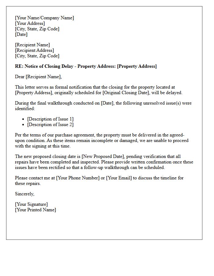 Final Walkthrough Issue Closing Delay Notification Letter