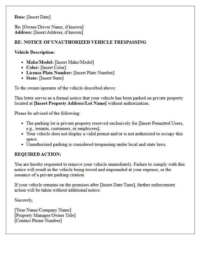 Private Parking Lot Unauthorized Vehicle Trespassing Letter