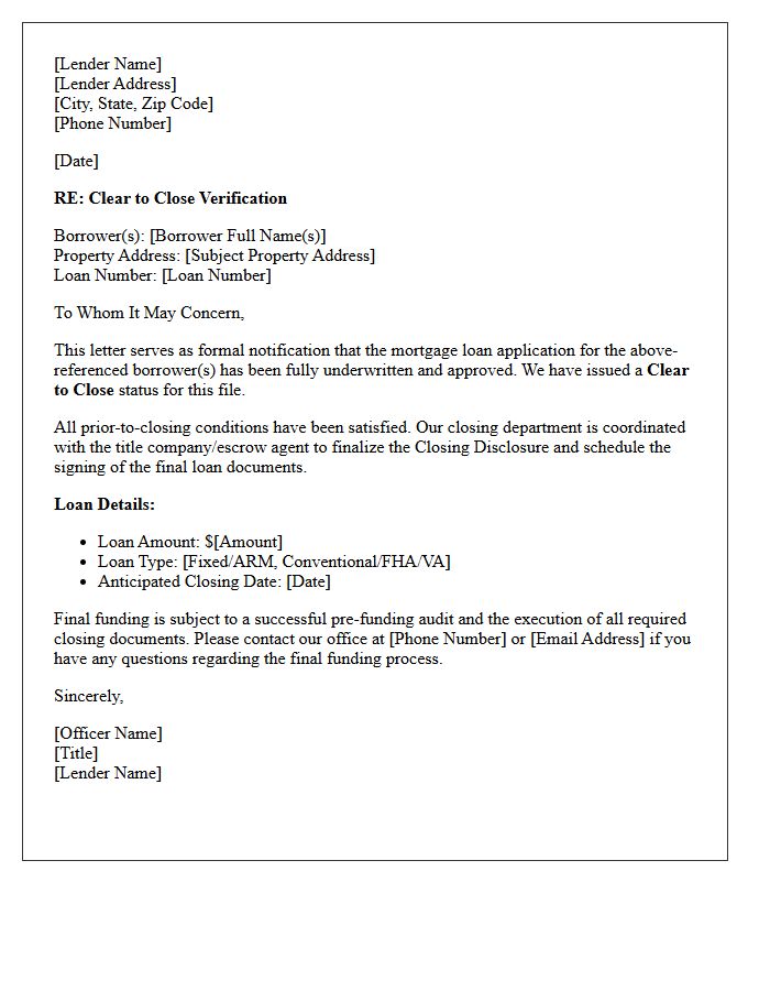 Lender Clear to Close Verification Letter