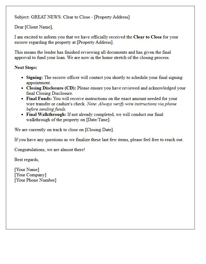 Clear to Close Escrow Update Letter