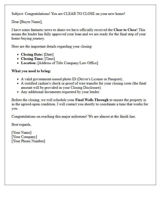 Buyer Clear to Close Congratulatory Letter