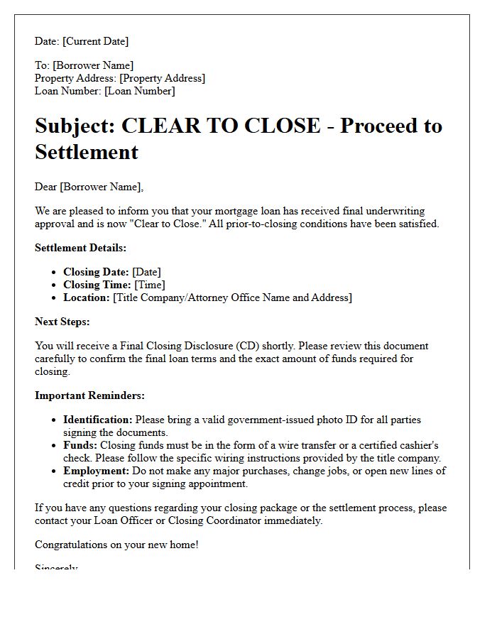 Clear to Close Proceed to Settlement Letter