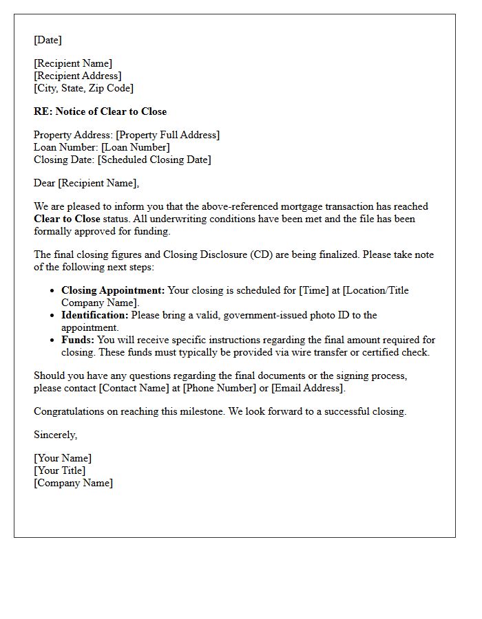 Transaction Clear to Close Status Letter