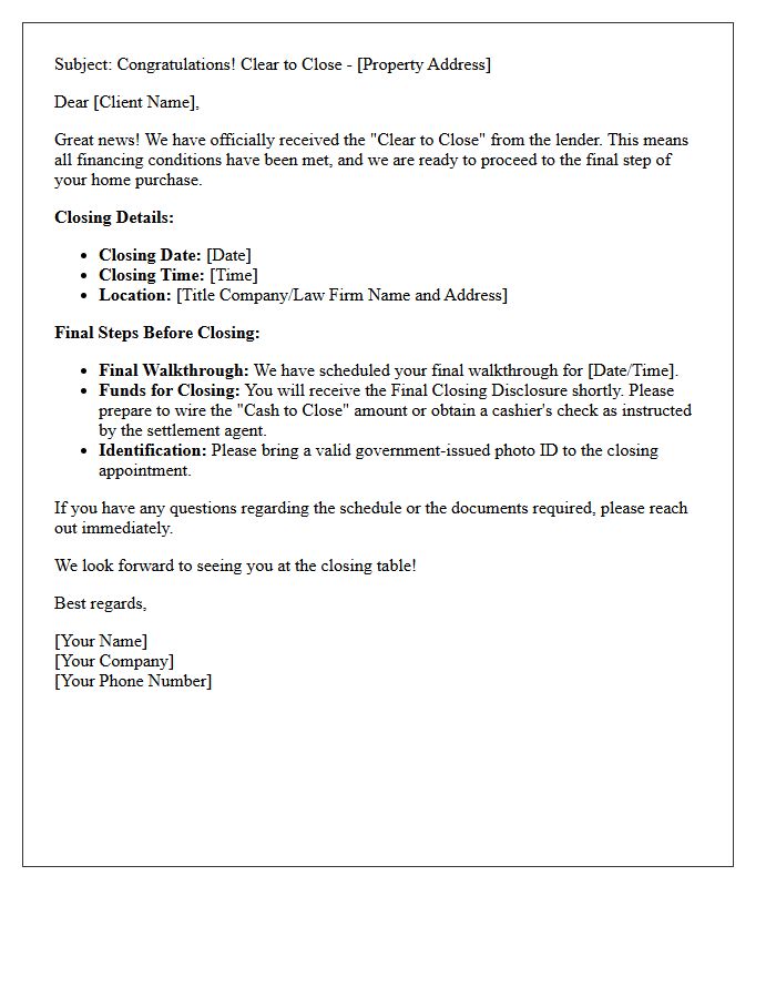 Clear to Close Closing Day Scheduling Letter