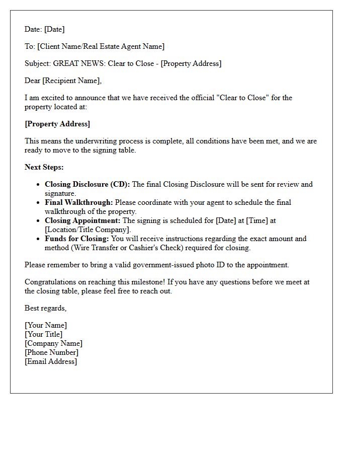 Broker Clear to Close Announcement Letter