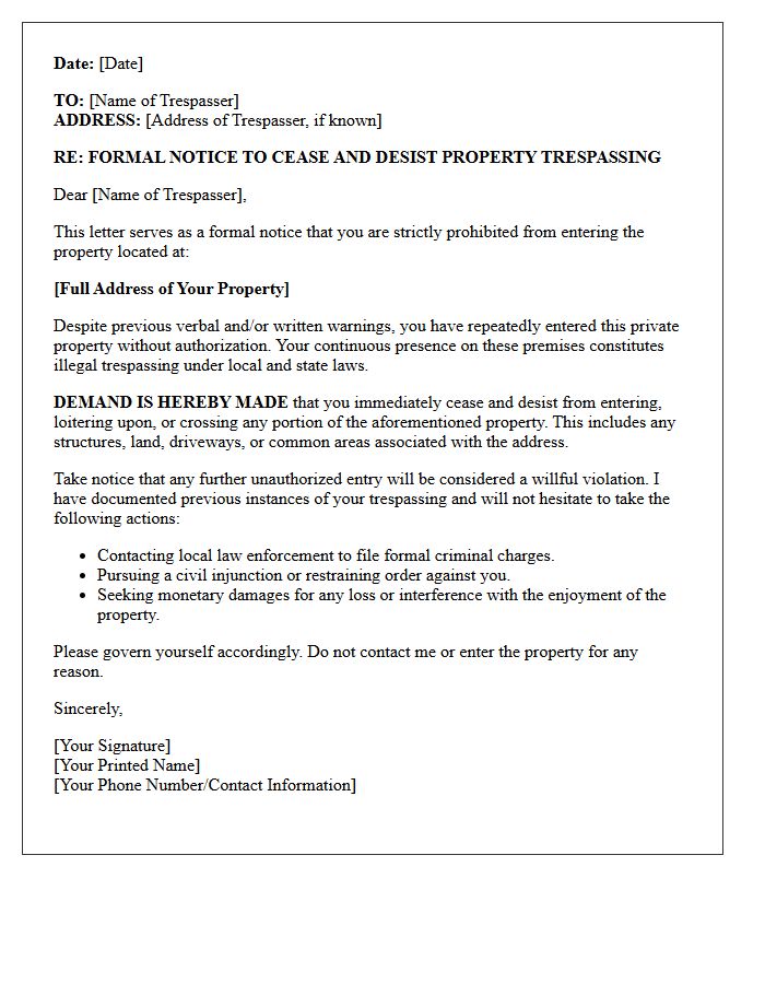 Repeat Offender Property Trespassing Cease And Desist Letter