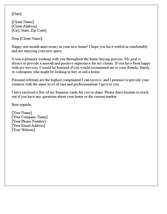 First Month in New Home Referral Letter