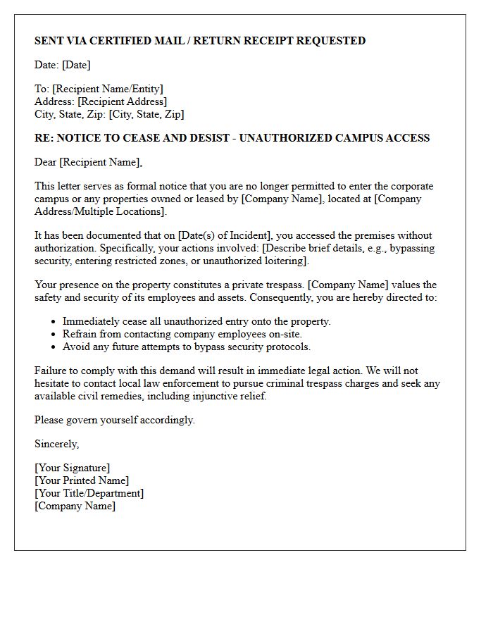 Corporate Campus Unauthorized Access Cease And Desist Letter