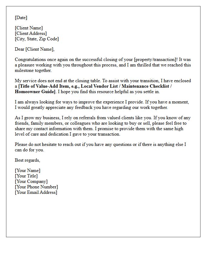 Post-Closing Value Add and Referral Letter