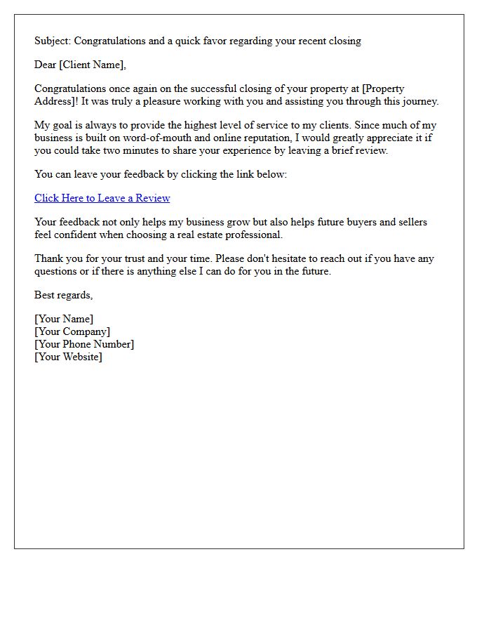 Real Estate Post-Closing Client Review Request Letter