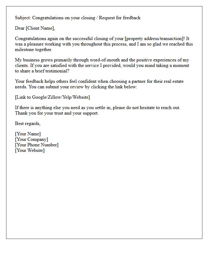 Successful Closing Client Testimonial Request Letter