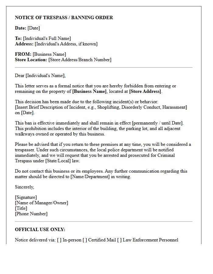 Retail Business Banned Individual Trespassing Letter