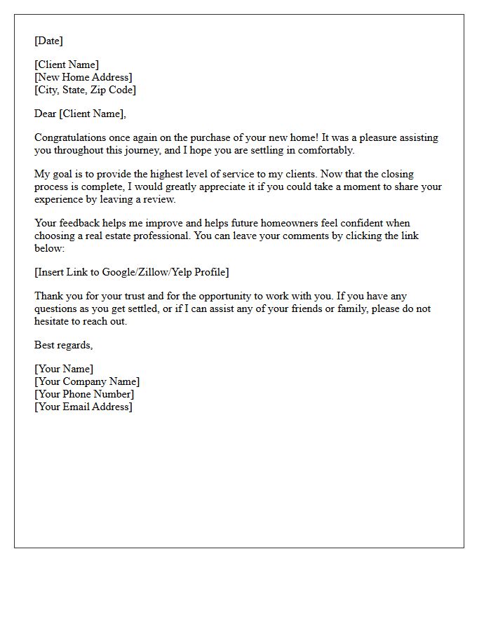New Homeowner Post-Closing Review Request Letter