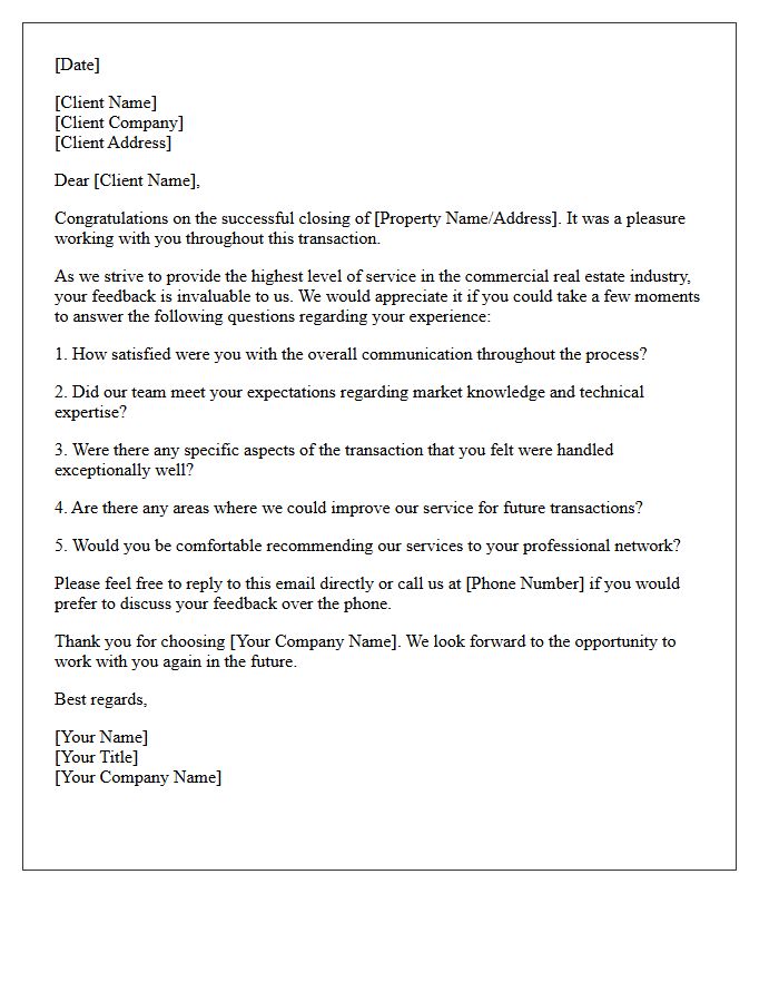 Commercial Real Estate Post-Closing Feedback Letter