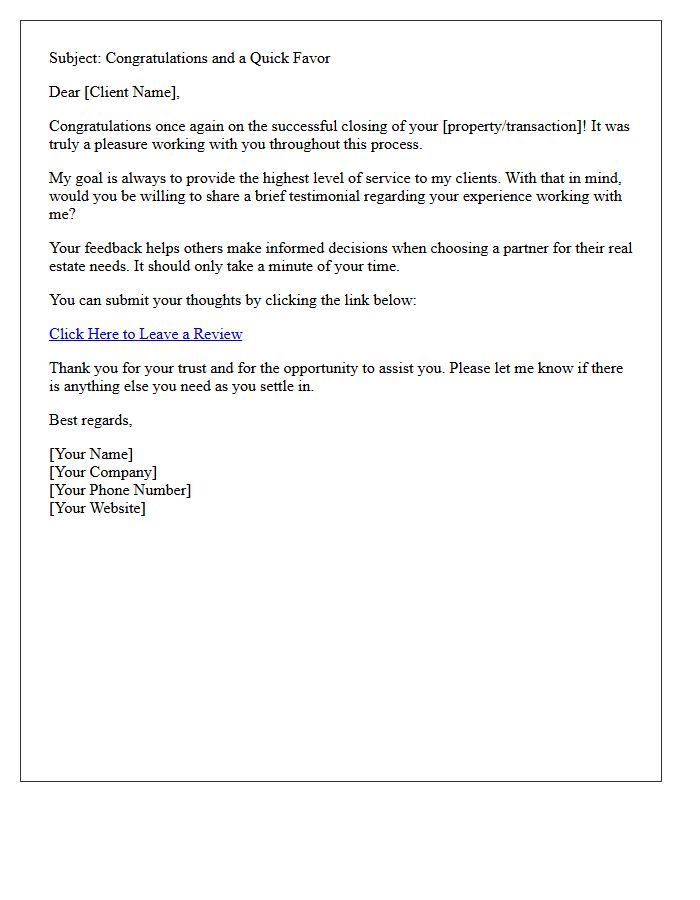 Post-Closing Client Testimonial Submission Request Letter