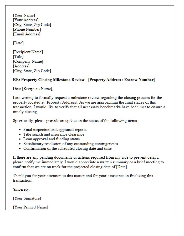 Property Closing Milestone Review Request Letter