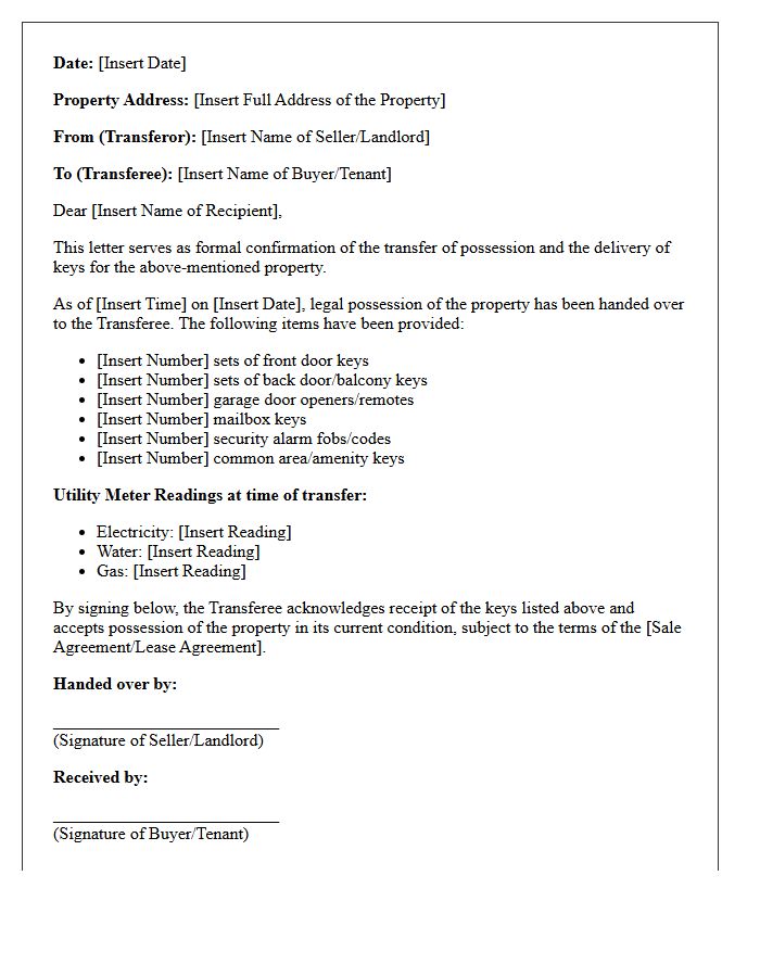 Residential Property Keys and Possession Transfer Letter