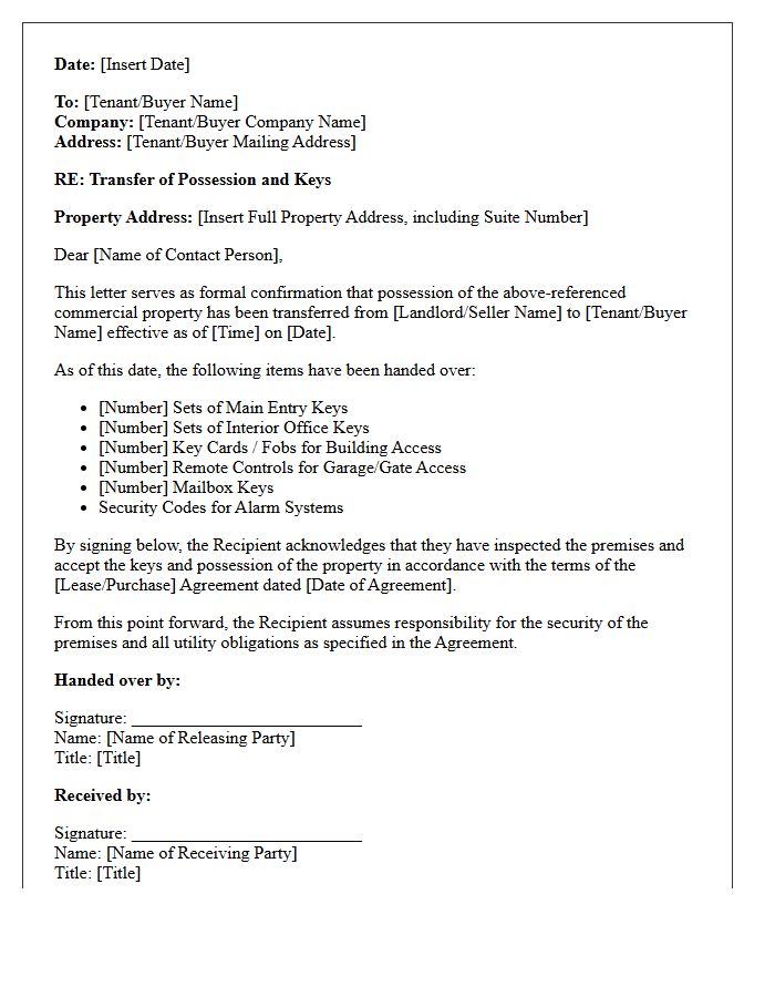Commercial Real Estate Keys and Possession Transfer Letter