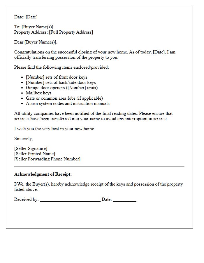 Seller to Buyer Keys and Possession Transfer Letter