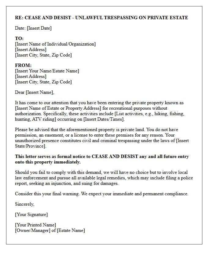Private Estate Recreational Trespassing Cease And Desist Letter