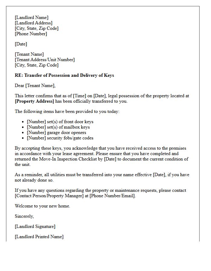 Landlord to Tenant Keys and Possession Transfer Letter