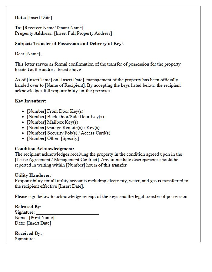Property Management Keys and Possession Transfer Letter