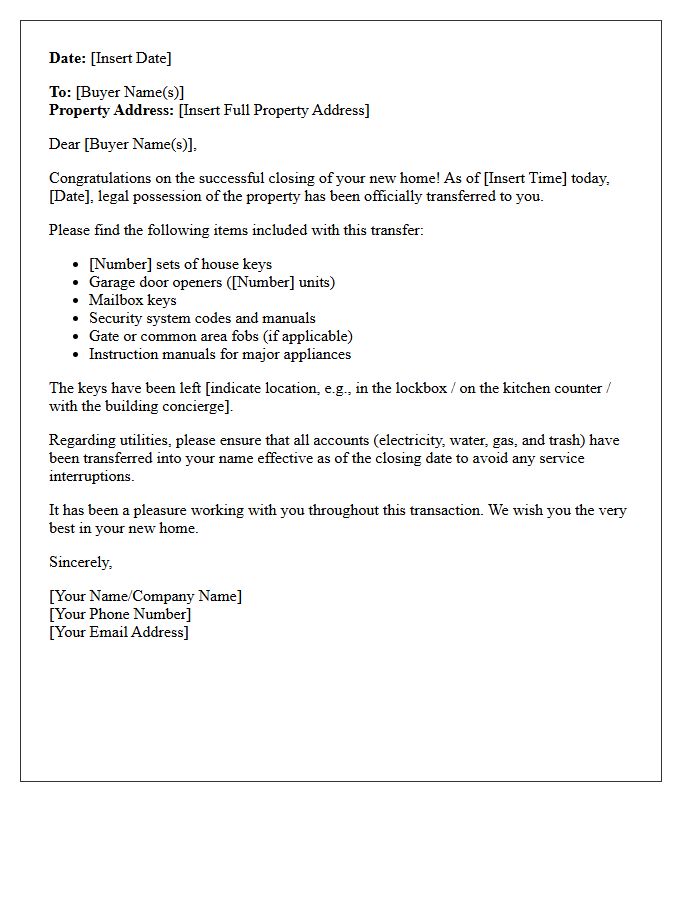 Post-Closing Keys and Possession Transfer Letter