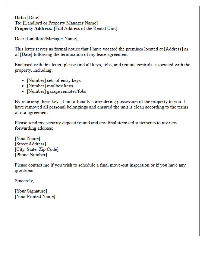 Lease Termination Keys and Possession Return Letter
