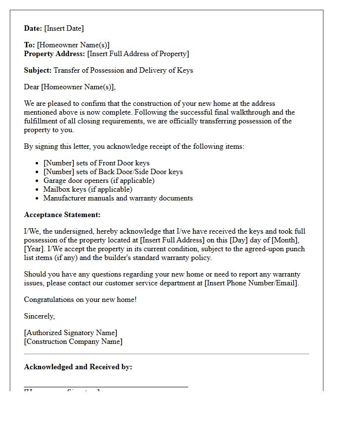 New Construction Home Keys and Possession Transfer Letter