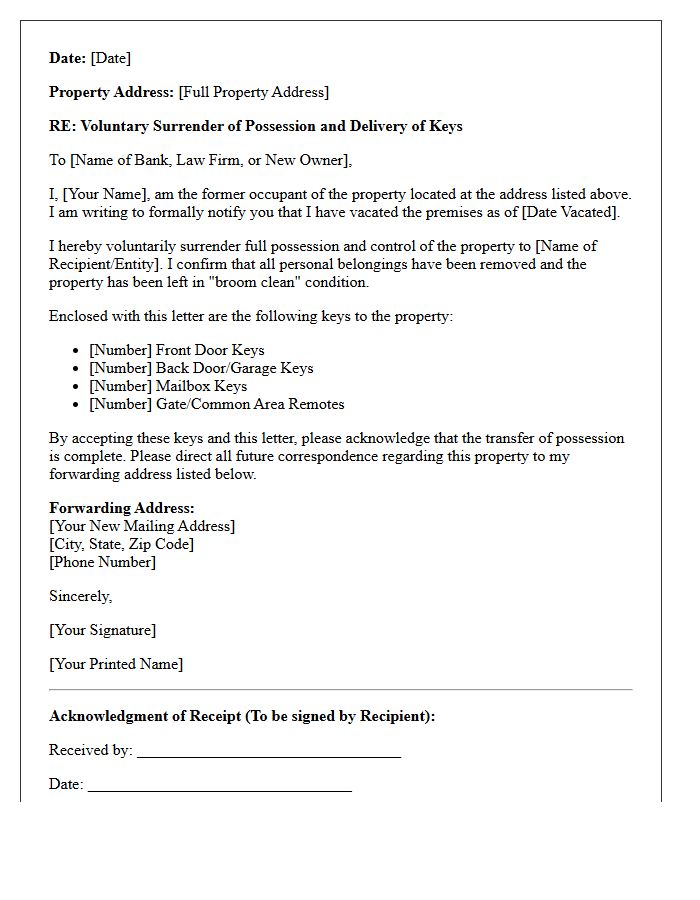 Foreclosure Eviction Keys and Possession Transfer Letter