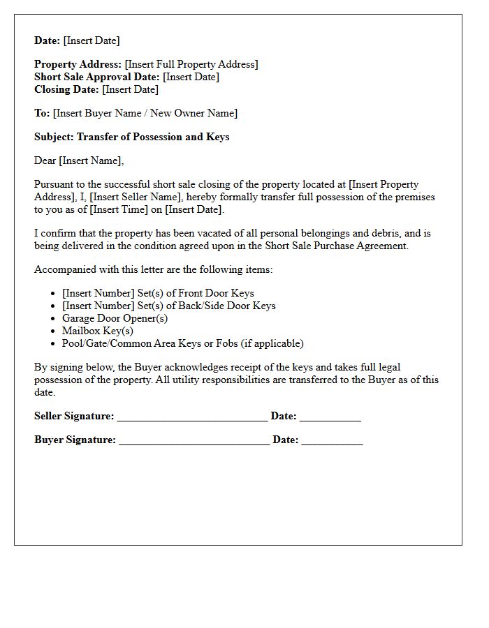 Short Sale Property Keys and Possession Transfer Letter