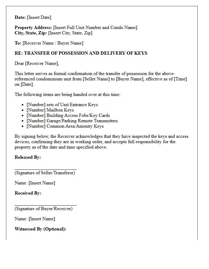 Condominium Unit Keys and Possession Transfer Letter