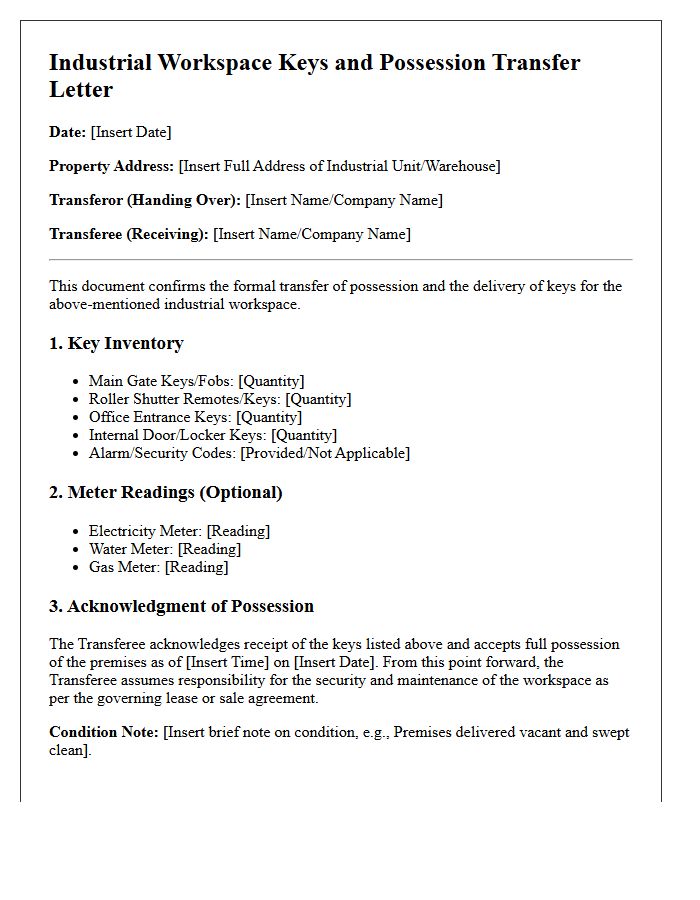 Industrial Workspace Keys and Possession Transfer Letter