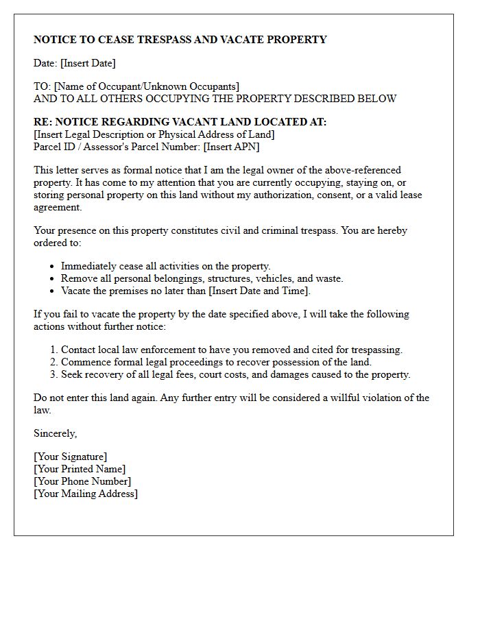 Vacant Land Squatter And Trespassing Notice Letter