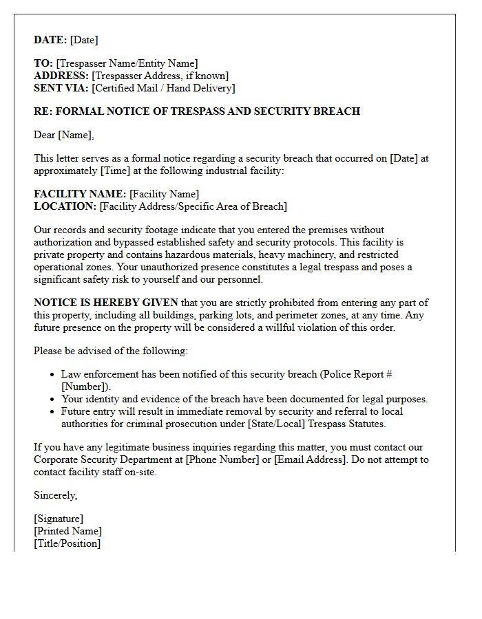 Industrial Facility Security Breach Trespassing Letter