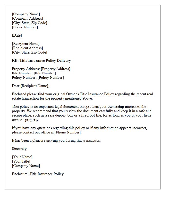 Standard Title Policy Delivery Cover Letter