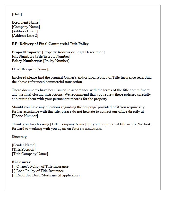 Commercial Title Policy Delivery Cover Letter
