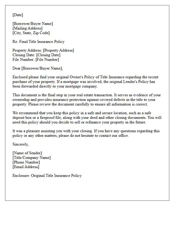 Final Post-Closing Title Policy Delivery Letter
