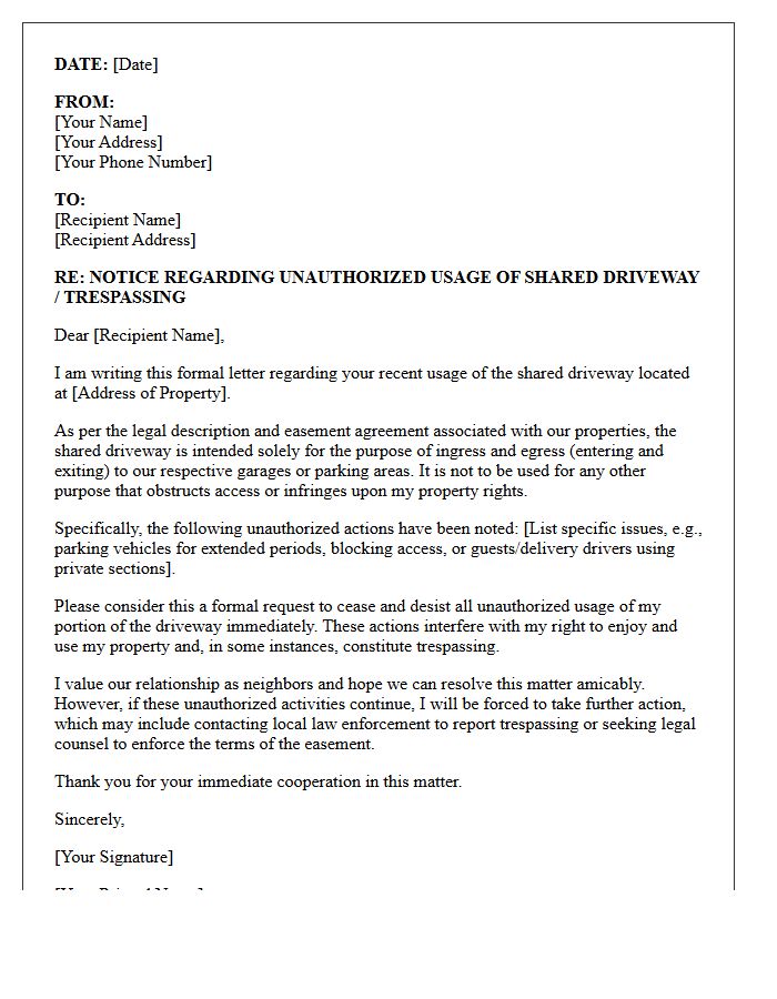 Shared Driveway Unauthorized Usage Trespassing Letter