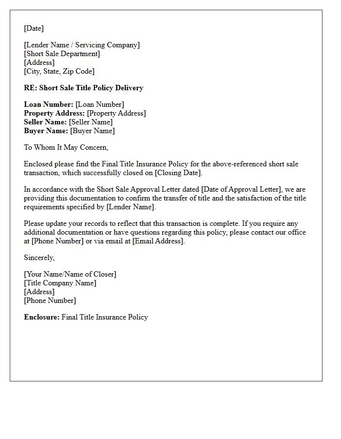 Short Sale Title Policy Delivery Cover Letter