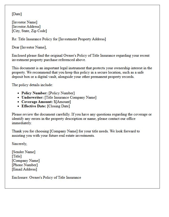 Investment Property Title Policy Delivery Letter
