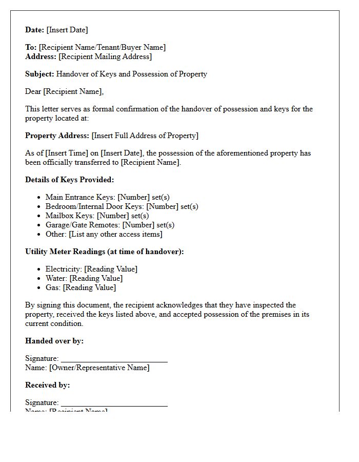 Property Key Handover and Possession Details