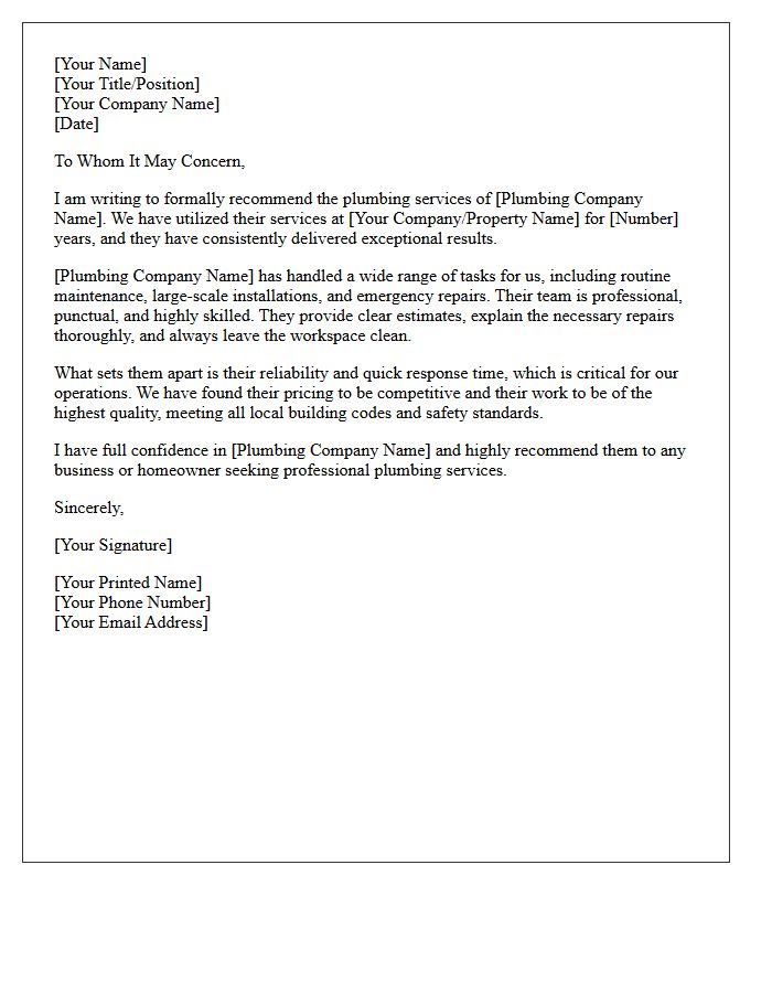 Plumbing Services Vendor Recommendation Letter