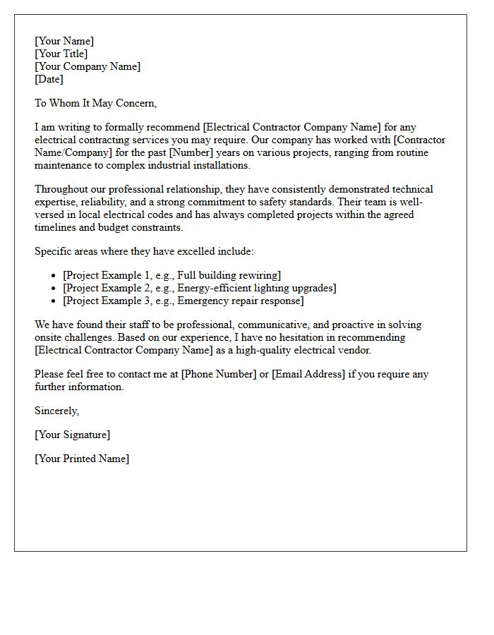 Electrical Contractor Vendor Recommendation Letter