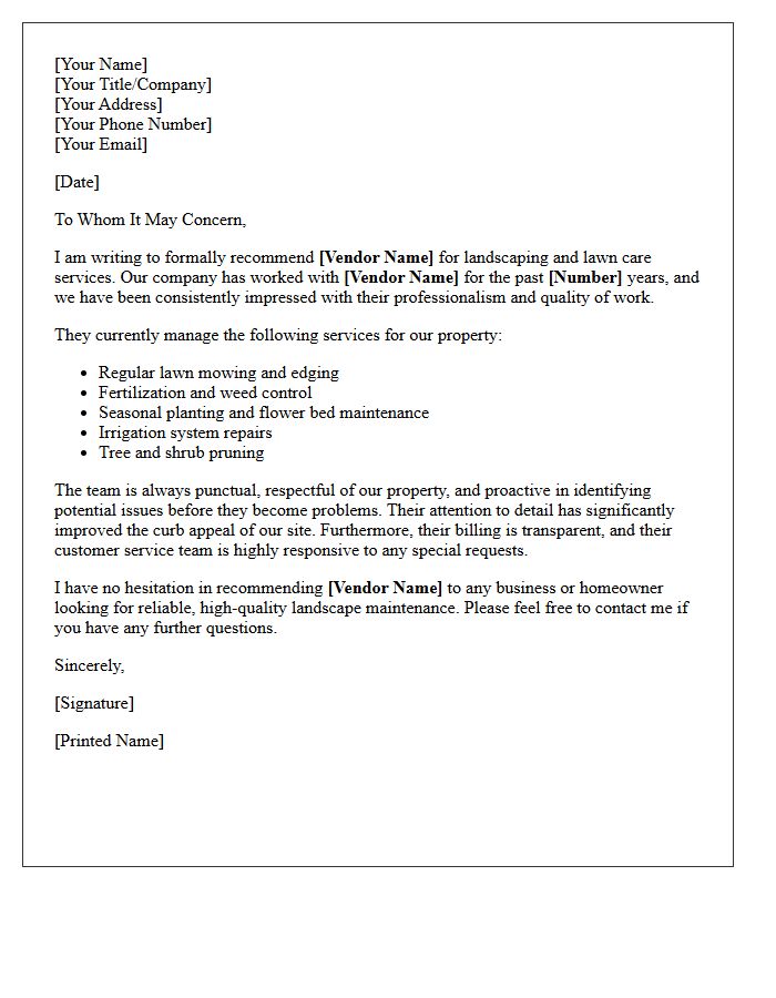 Landscaping and Lawn Care Vendor Recommendation Letter