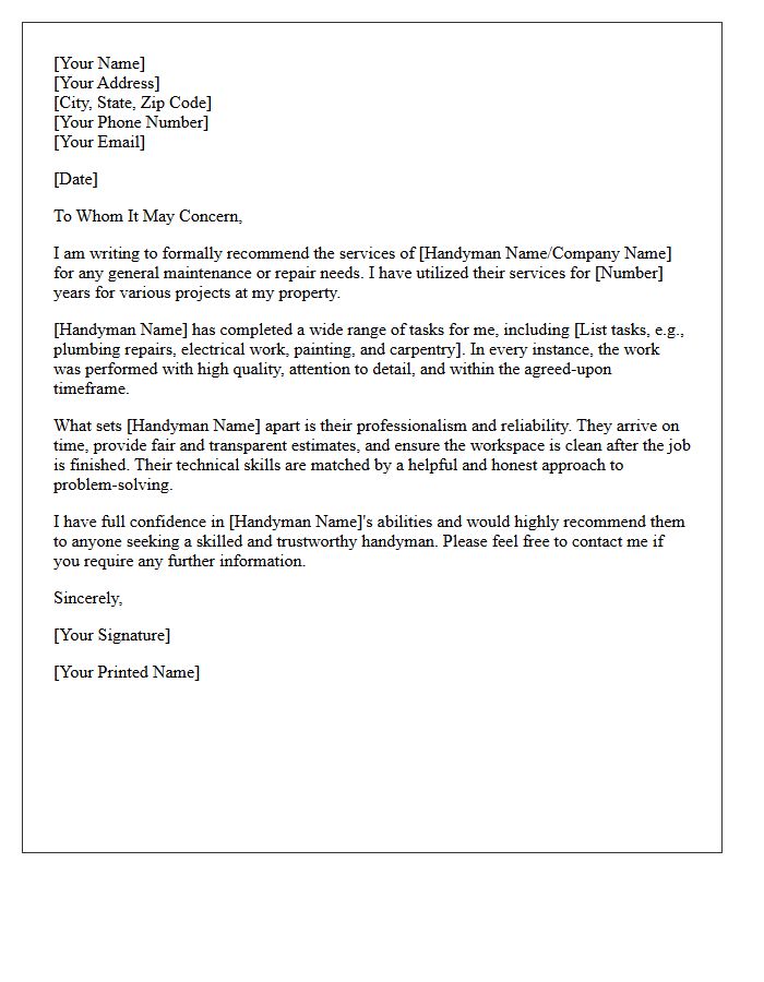 General Handyman Services Vendor Recommendation Letter