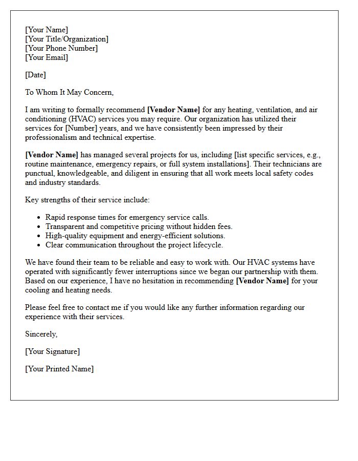 Heating and Cooling Vendor Recommendation Letter