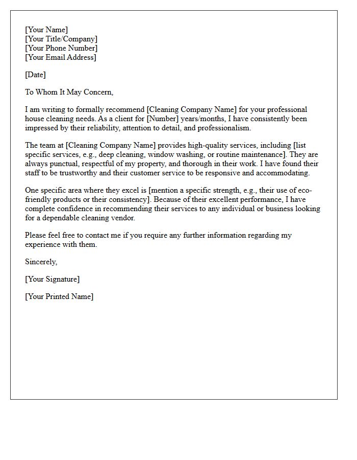 Professional House Cleaning Vendor Recommendation Letter